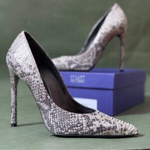 Stuart Weitzman Queen Metal Tipped Snakeskin Heels in Gray 12W